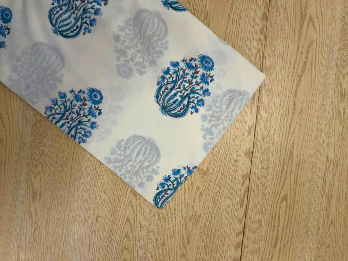White & Sky Blue Floral Cotton Cambric Fabric KTEX