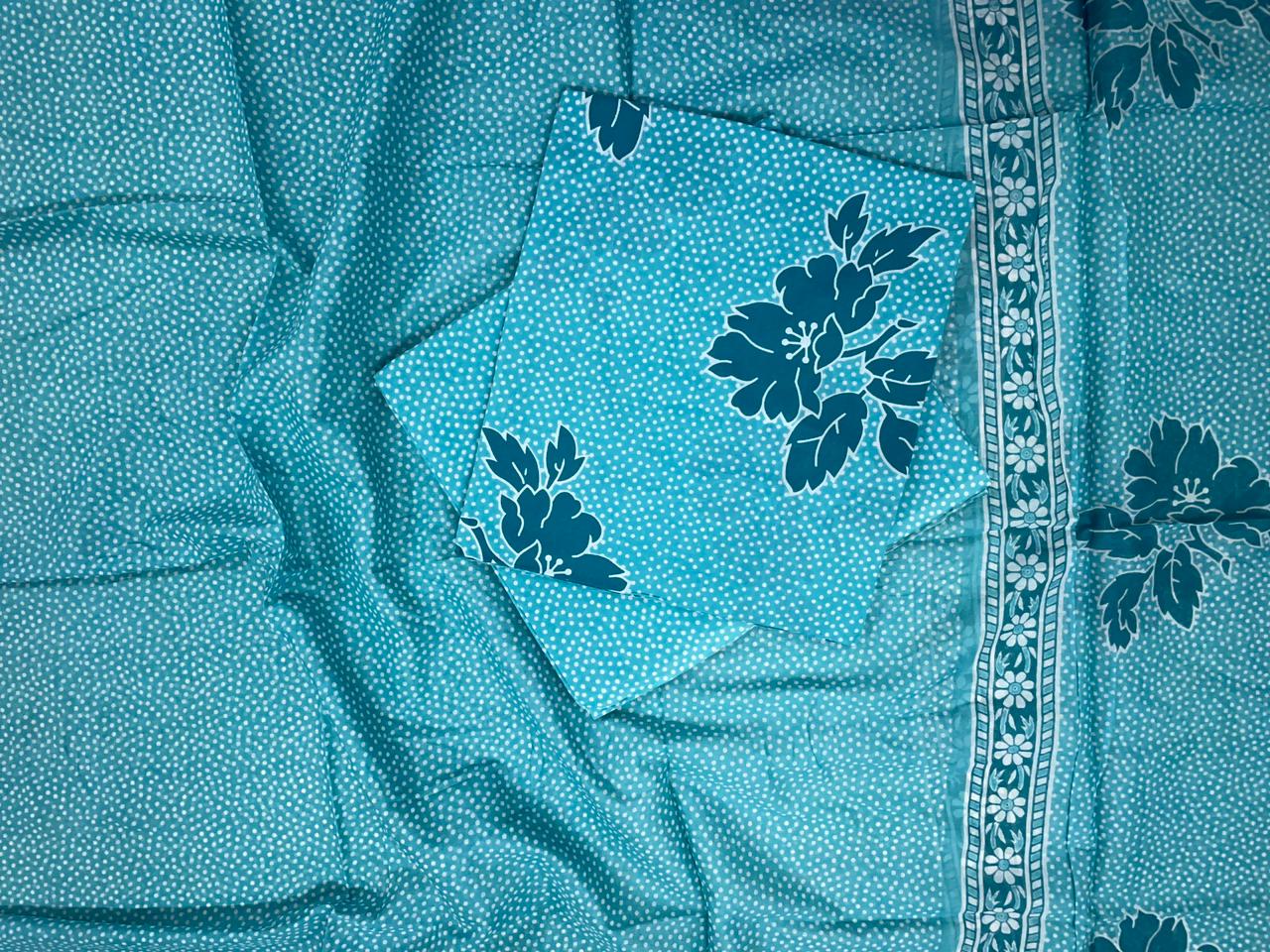 Light Blue Floral Pure Cotton Suit Set With Dupatta KTEX