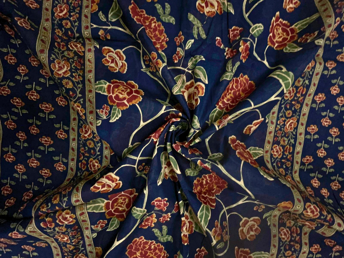 Navy Blue Floral Cotton Dupatta Fabric KTEX