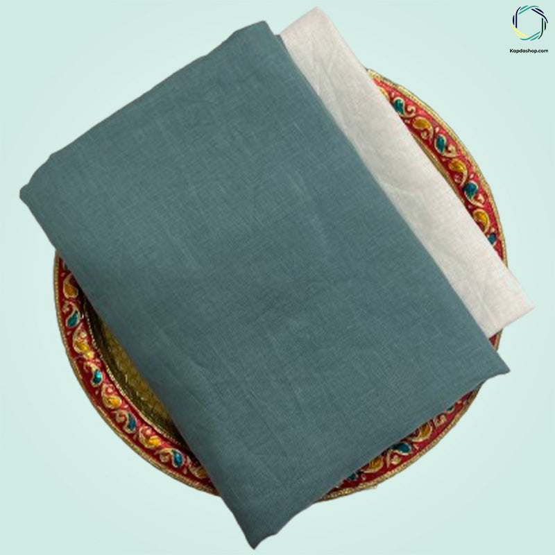 Unisex Teal Green Plain Pure linen (2.5 Mtr) | White Plain Cotton Fabric(1.5 Mtr) Unstiched Combo Set