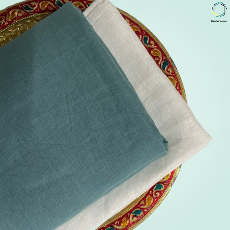 Unisex Teal Green Plain Pure linen (2.5 Mtr) | White Plain Cotton Fabric(1.5 Mtr) Unstiched Combo Set