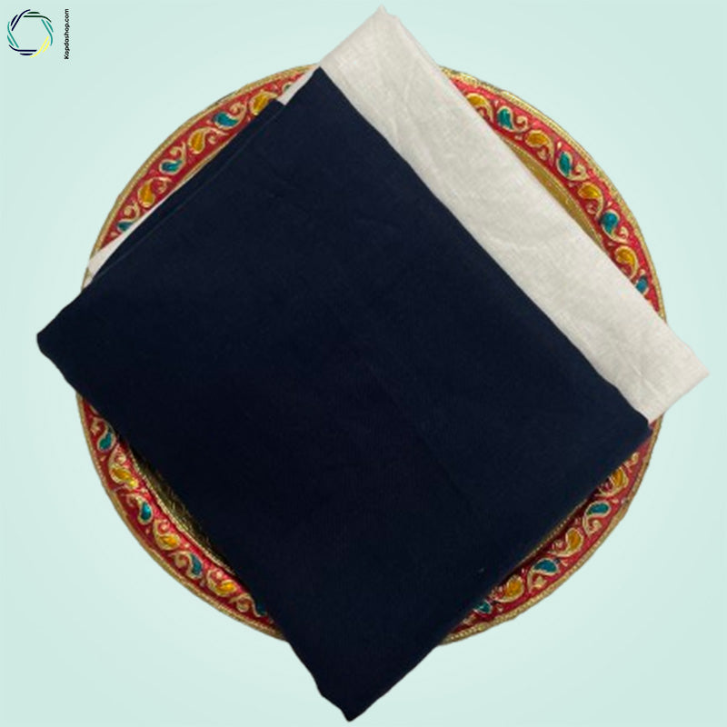 Unisex Navy Blue Plain Pure linen (2.5 Mtr) | White Plain Cotton Fabric(1.5 Mtr) Unstiched Combo Set