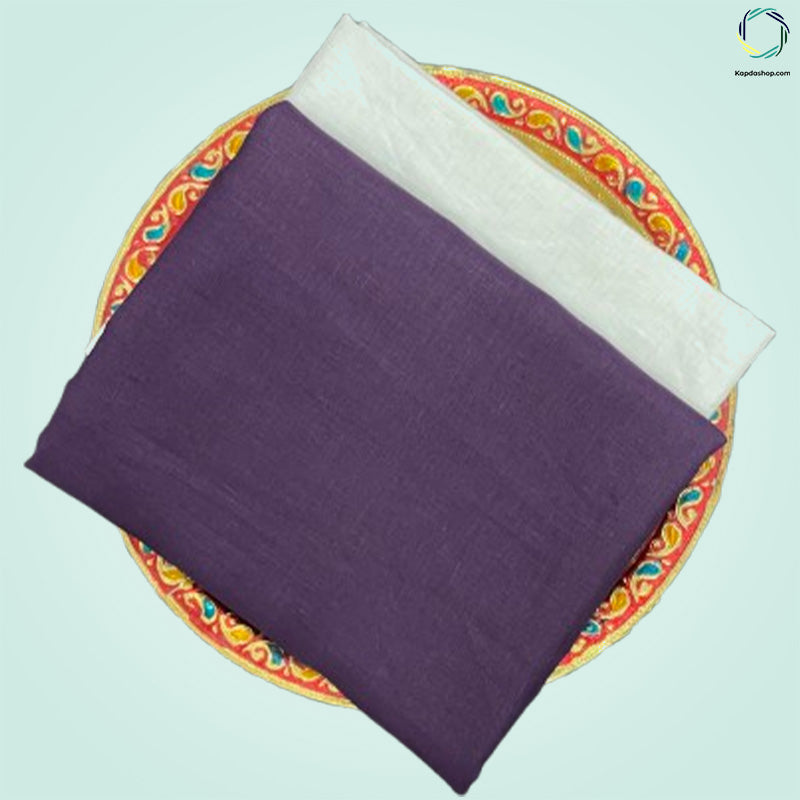 Unisex Purple Plain Pure linen (2.5 Mtr) | White Plain Cotton Fabric(1.5 Mtr) Unstiched Combo Set