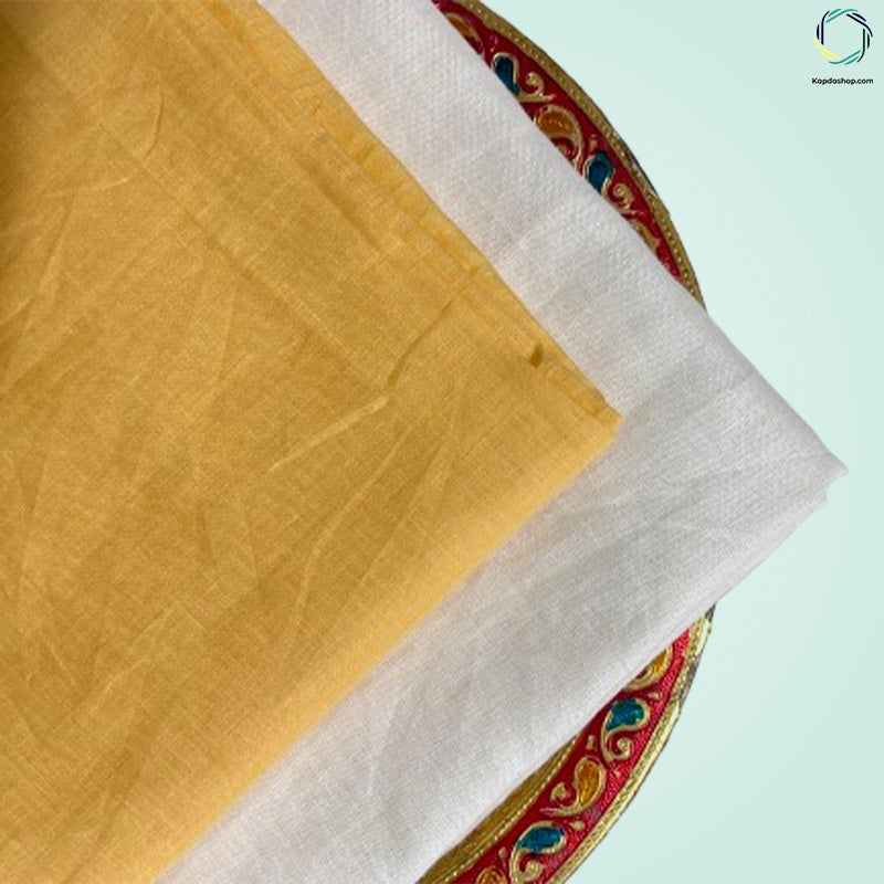 Unisex Yellow Plain Pure linen (2.5 Mtr) | White Plain Cotton Fabric(1.5 Mtr) Unstiched Combo Set