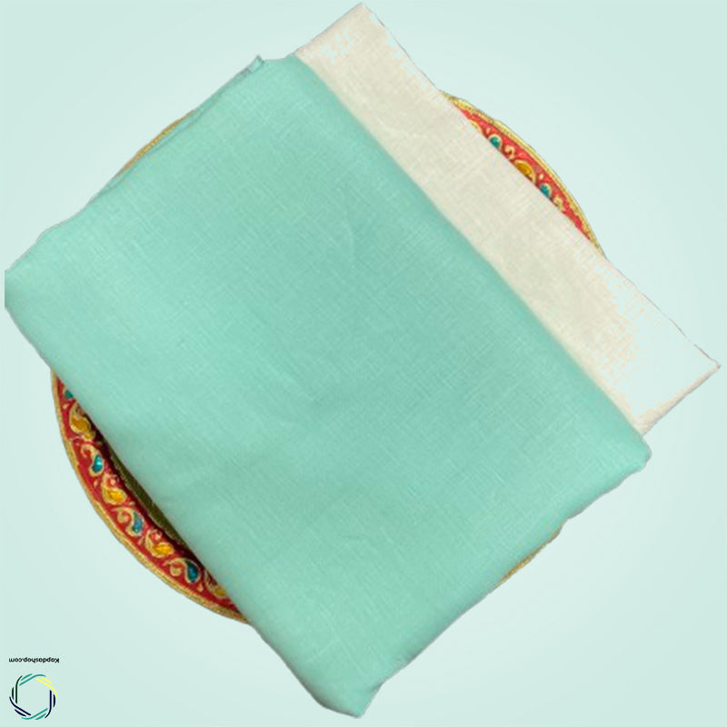 Unisex Turquoise Blue Plain Pure linen (2.5 Mtr) | White Plain Cotton Fabric(1.5 Mtr) Unstiched Combo Set