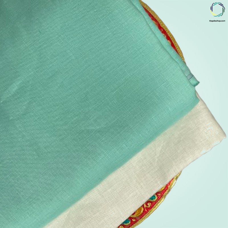 Unisex Turquoise Blue Plain Pure linen (2.5 Mtr) | White Plain Cotton Fabric(1.5 Mtr) Unstiched Combo Set