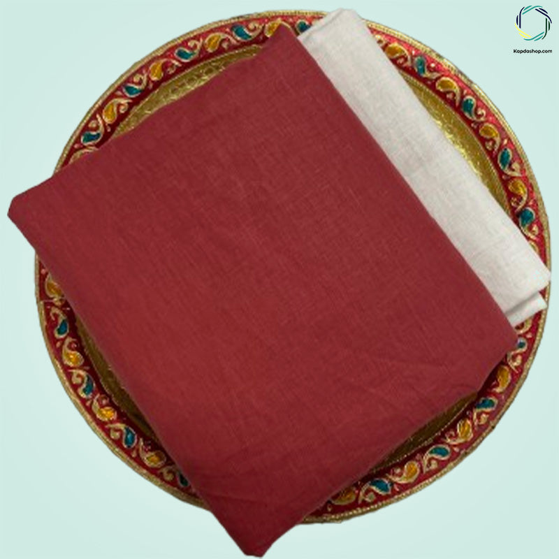 Unisex Rust Red Plain Pure linen (2.5 Mtr) | White Plain Cotton Fabric(1.5 Mtr) Unstiched Combo Set