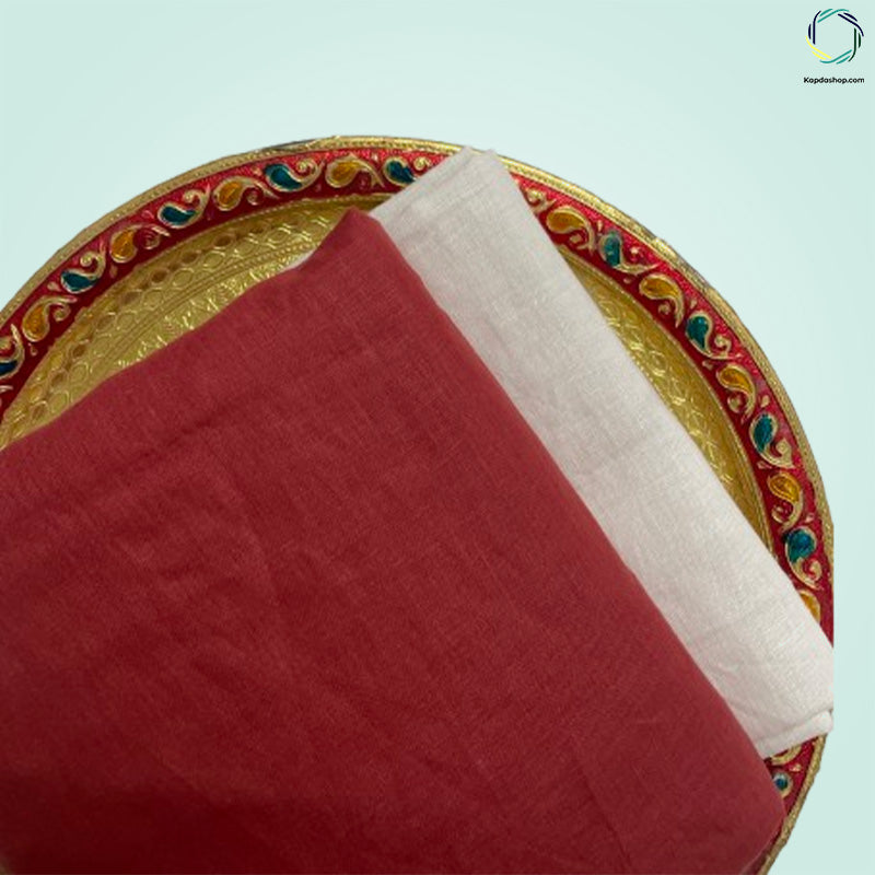 Unisex Rust Red Plain Pure linen (2.5 Mtr) | White Plain Cotton Fabric(1.5 Mtr) Unstiched Combo Set