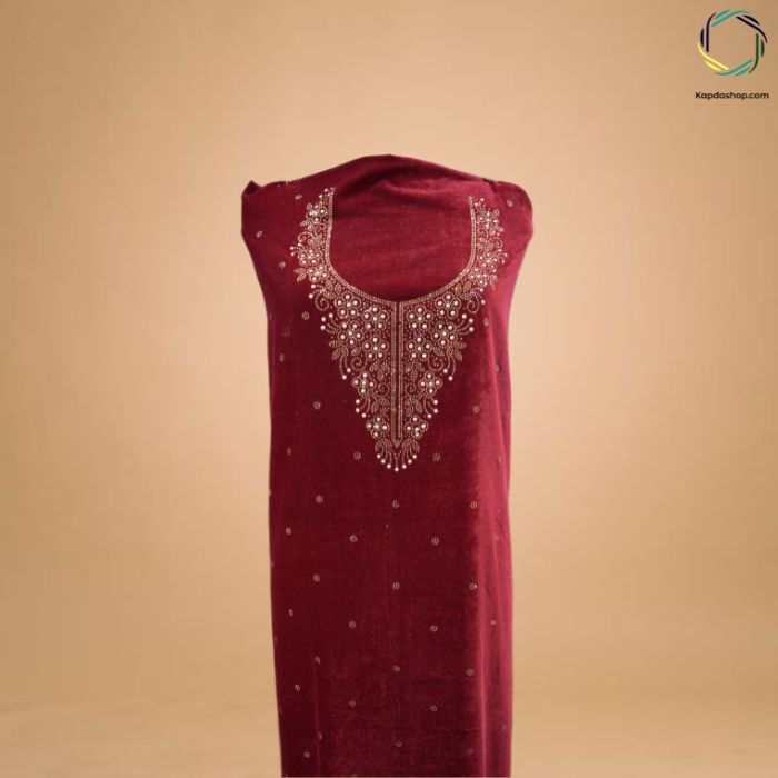 Red Wine Embroidered Velvet Suit Set Kapdashop