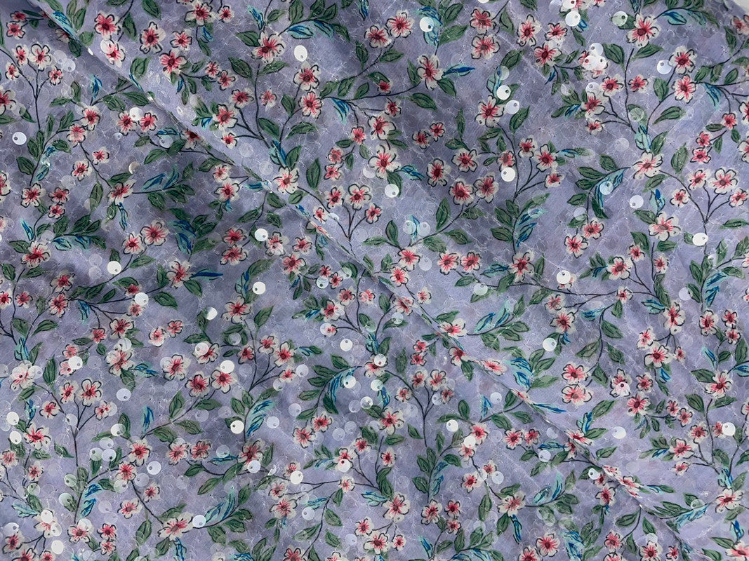 Light Lavender Floral Flat  Sequence Chiffon Fabric