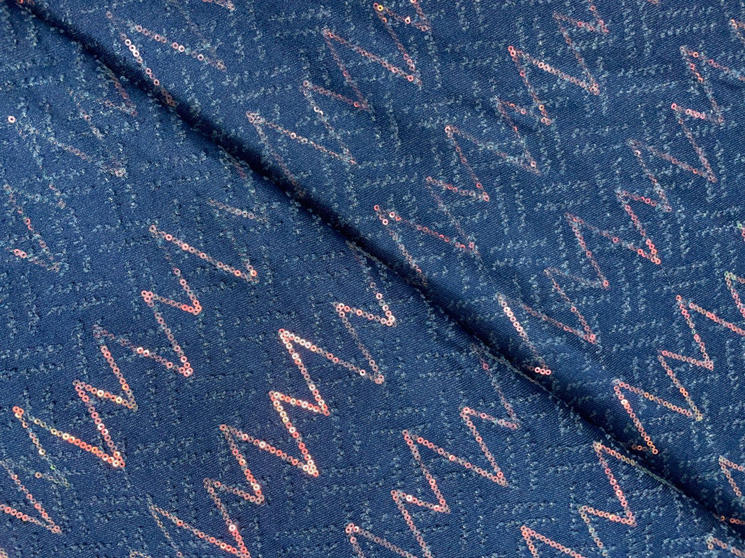 Blue Chevron Embroiderd Denim Fabric