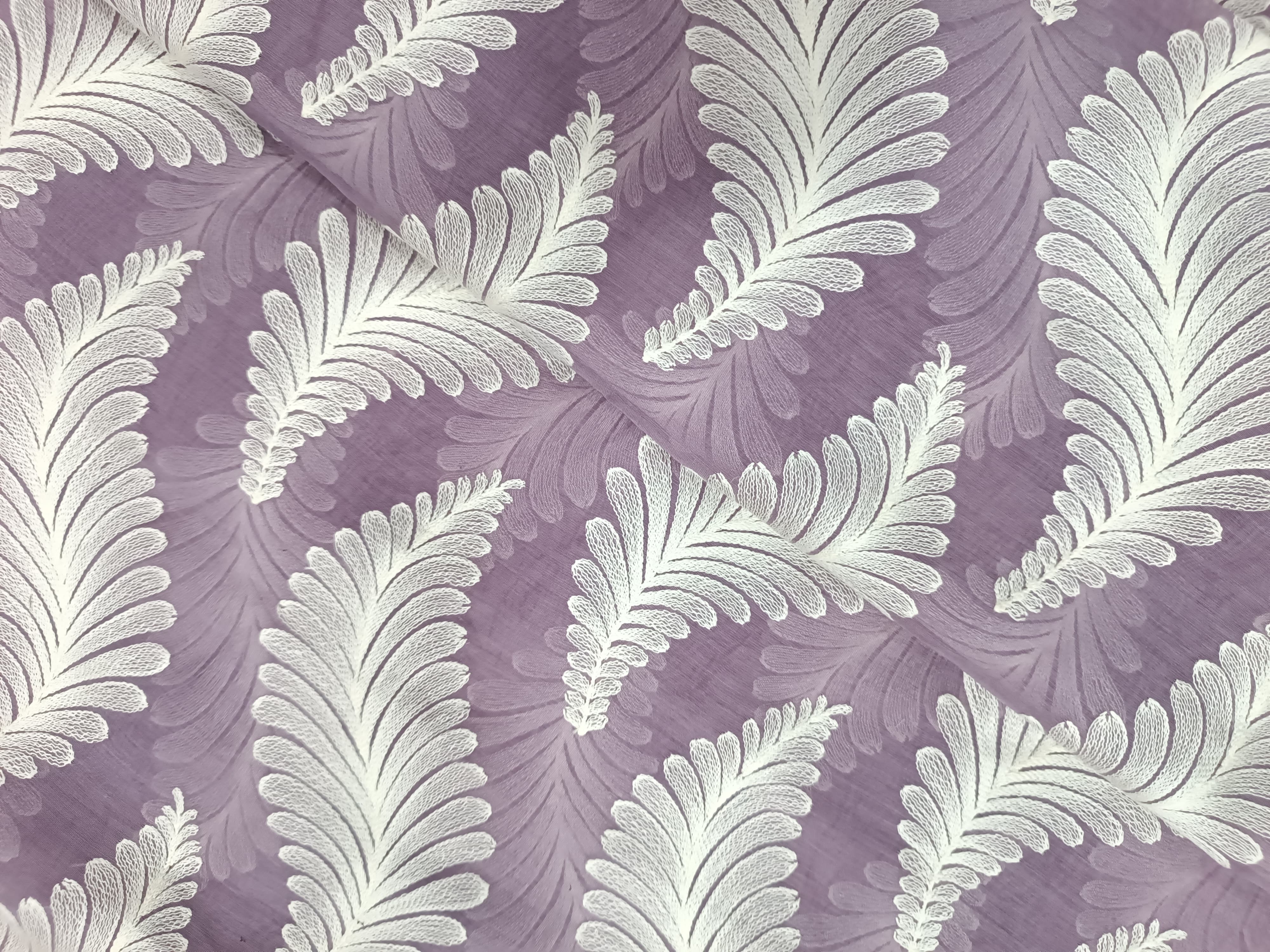 Lavender & White Paisley Leaves Chanderi Mul Embroidered Fabric