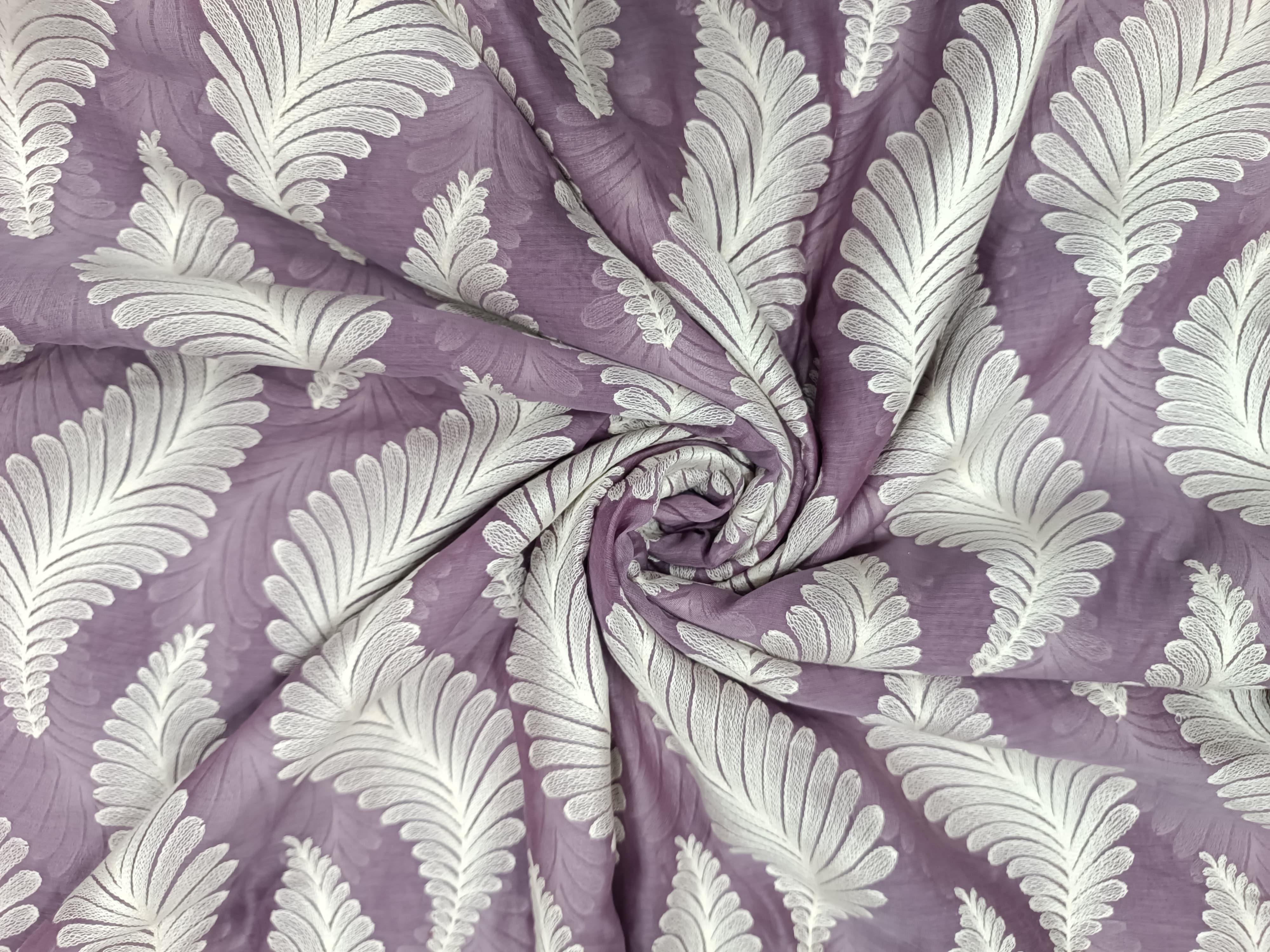 Lavender & White Paisley Leaves Chanderi Mul Embroidered Fabric