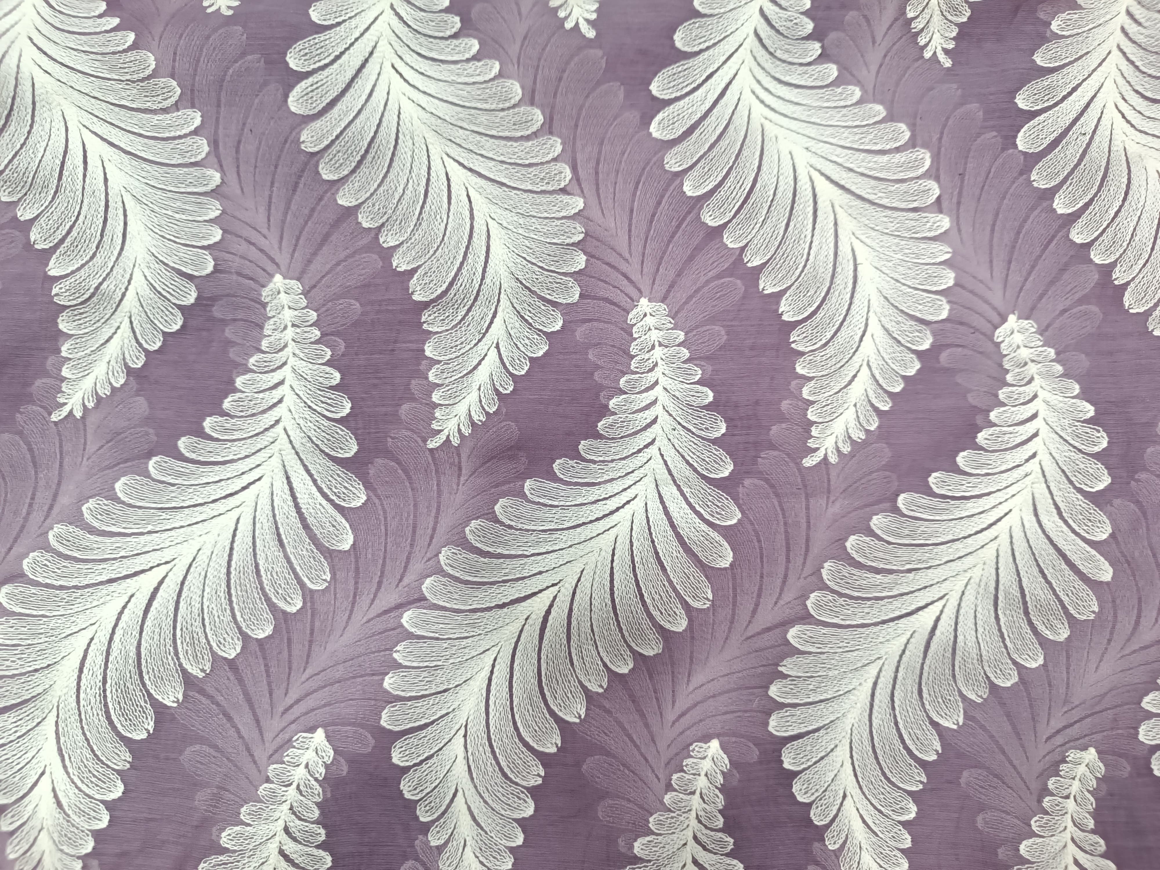 Lavender & White Paisley Leaves Chanderi Mul Embroidered Fabric