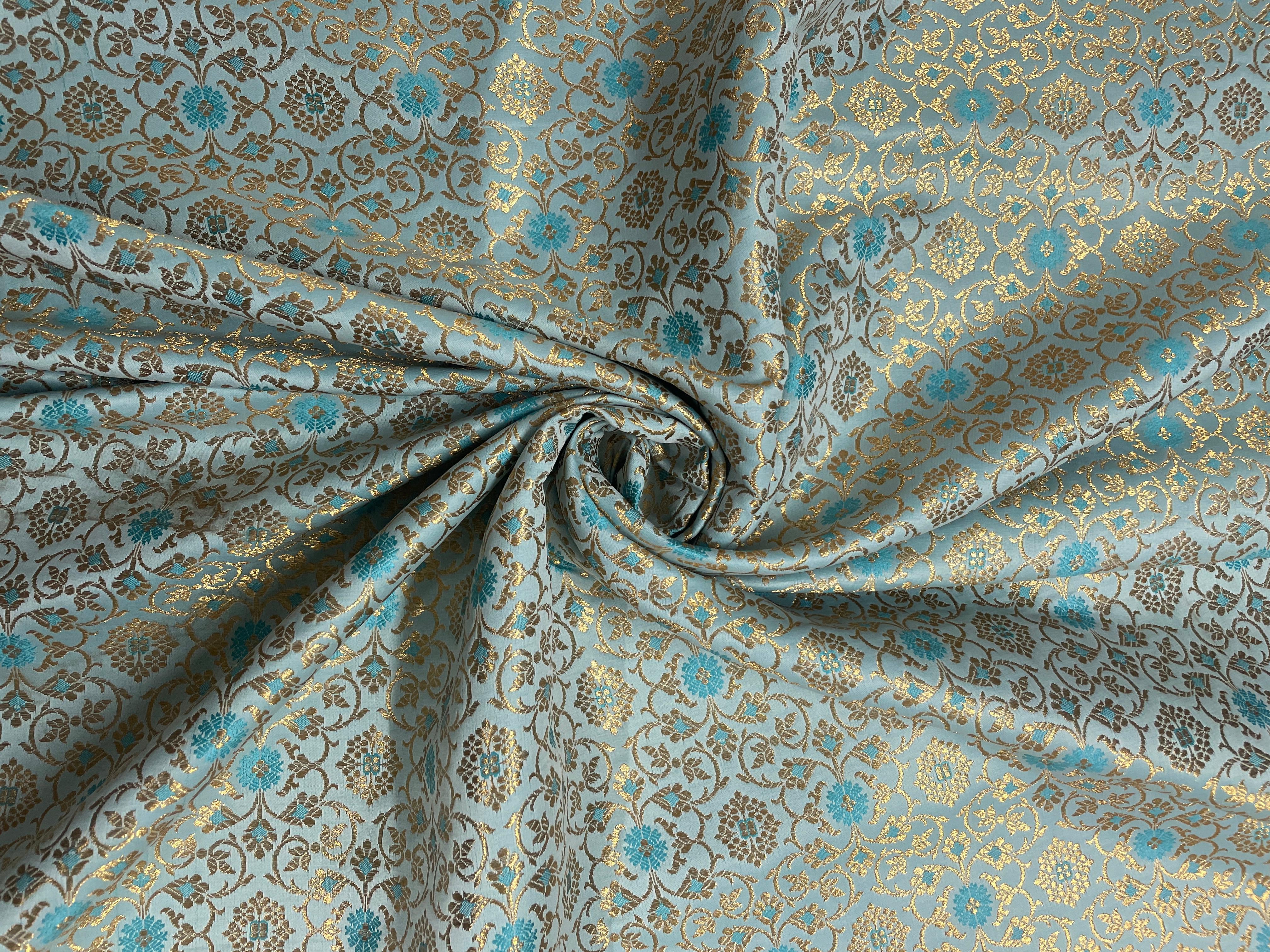 Sky Blue Floral Semi Brocade Fabric