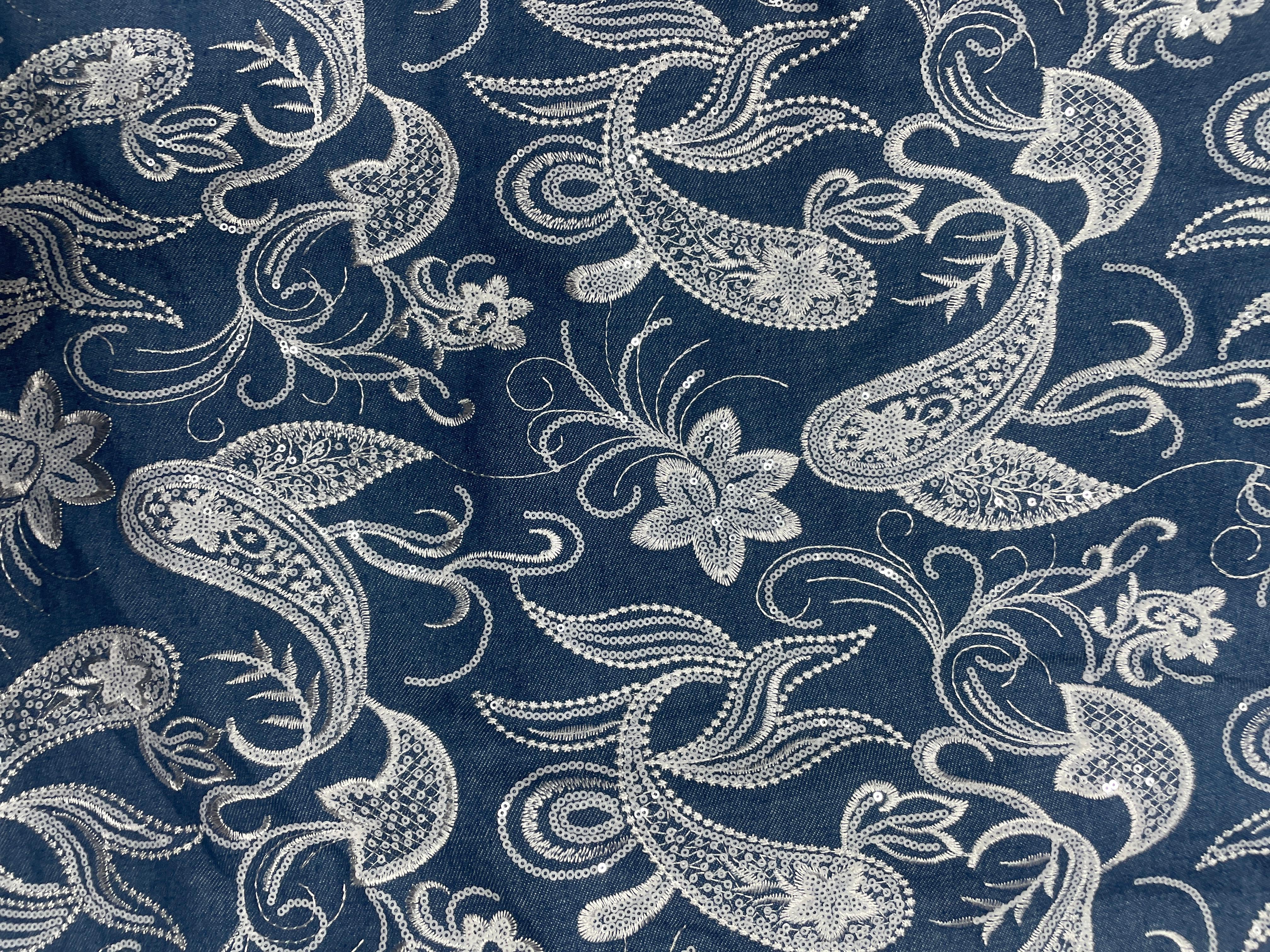 Navy Blue Floral Embroiderd Denim Fabric