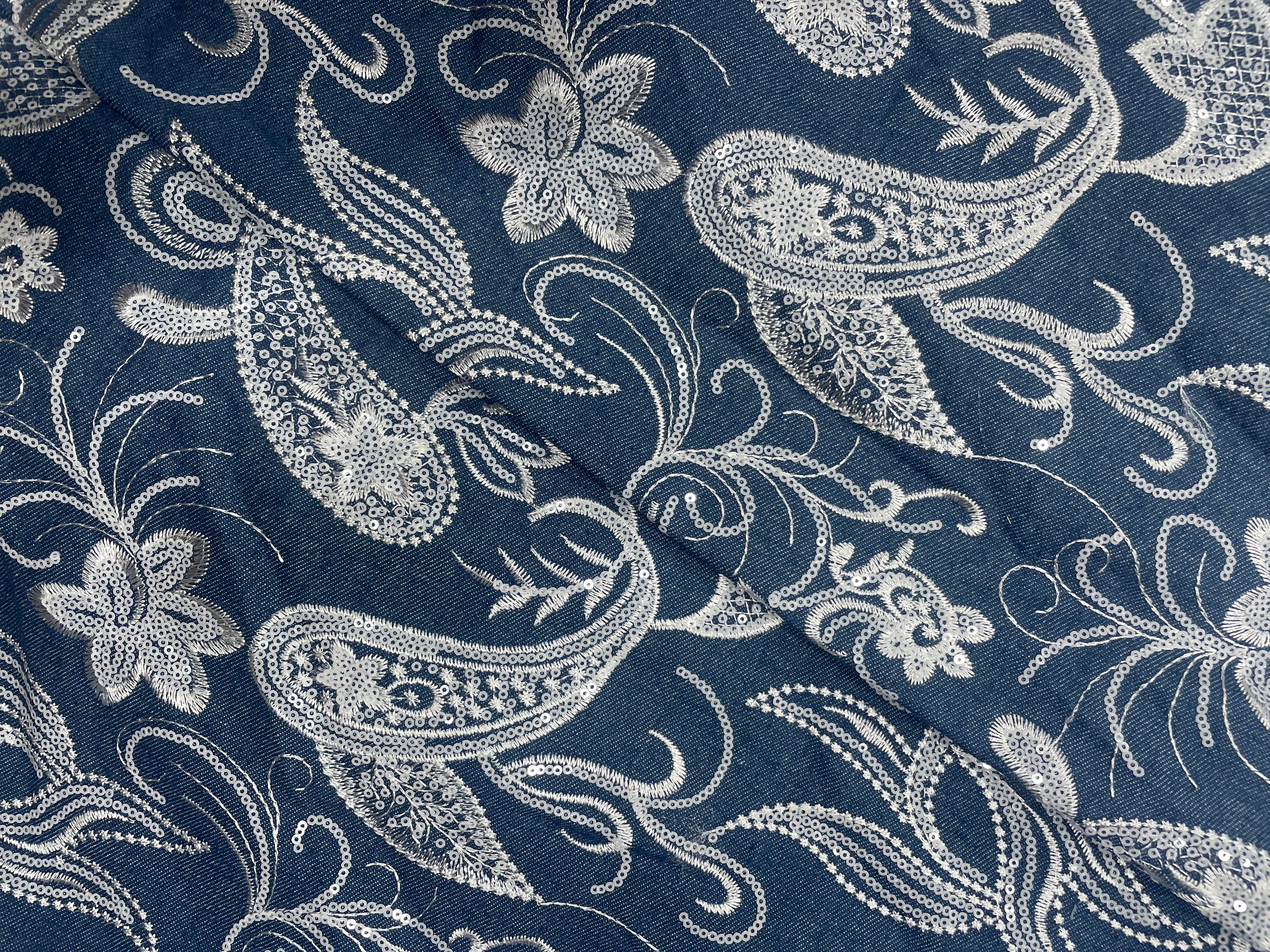 Navy Blue Floral Embroiderd Denim Fabric