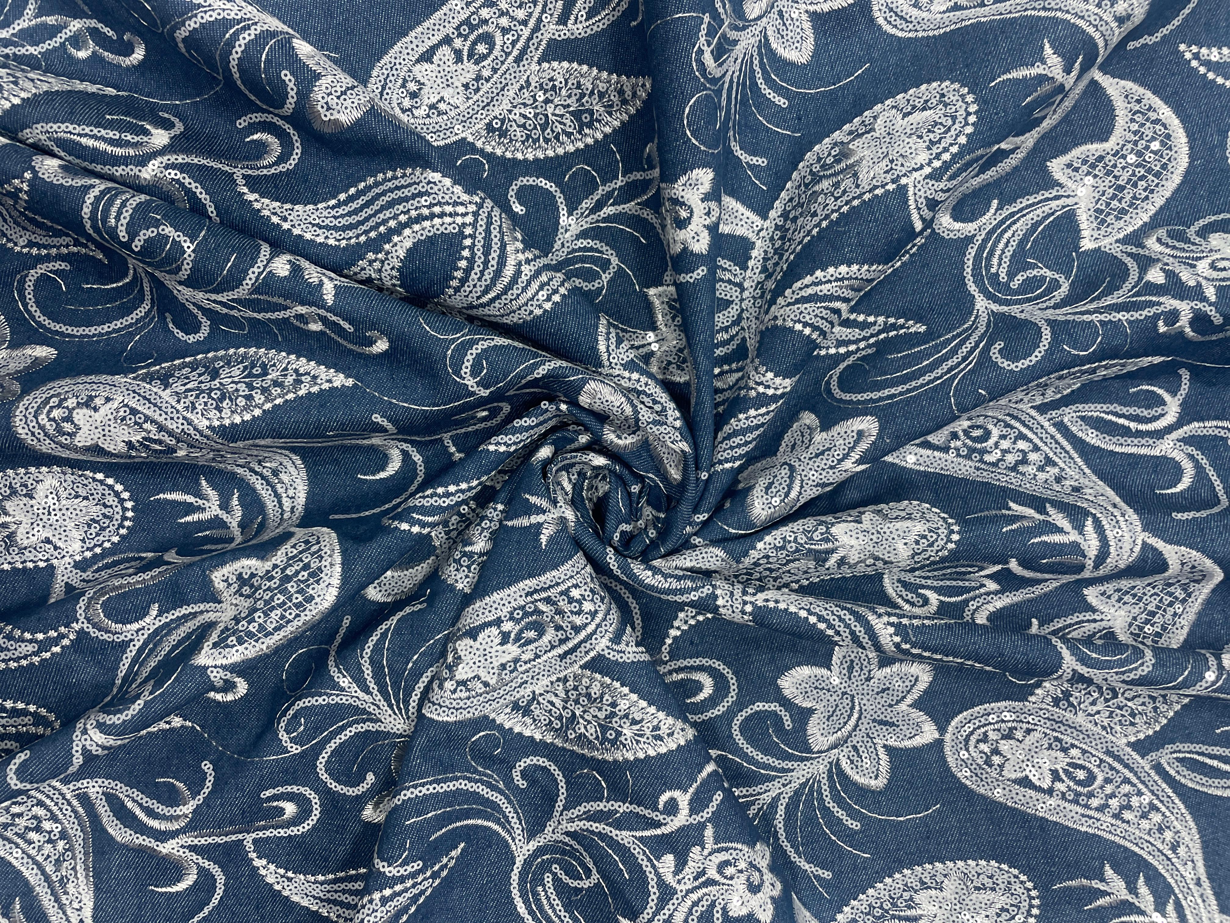 Navy Blue Floral Embroiderd Denim Fabric