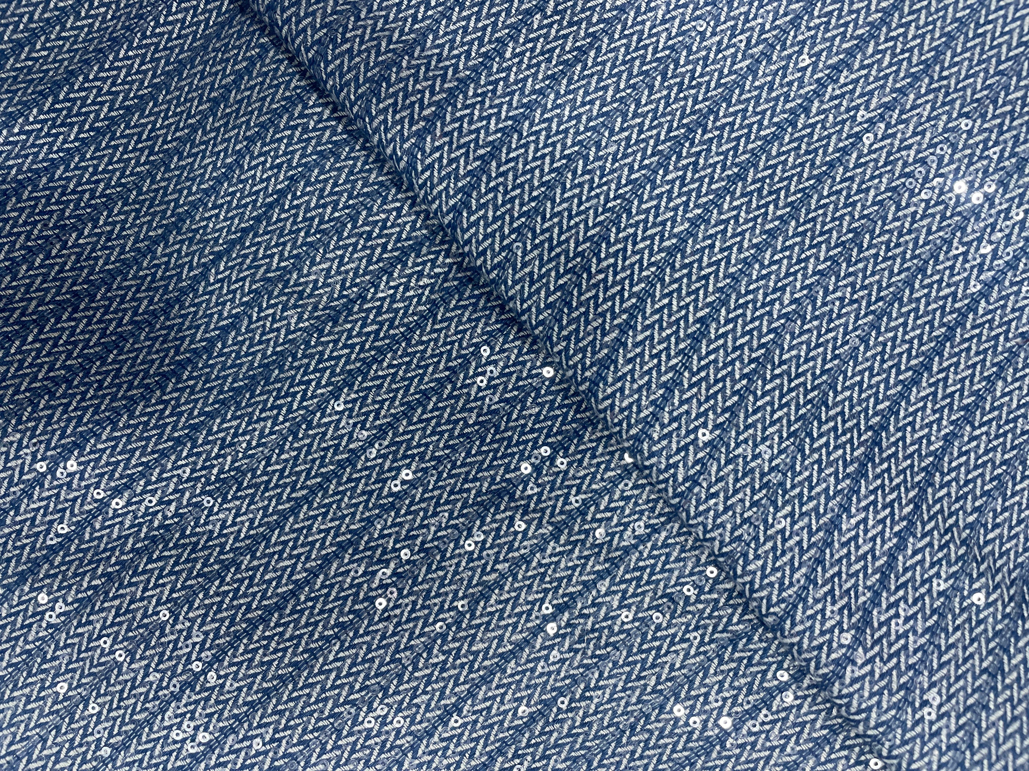 Blue Stripes Denim Embroiderd Fabric