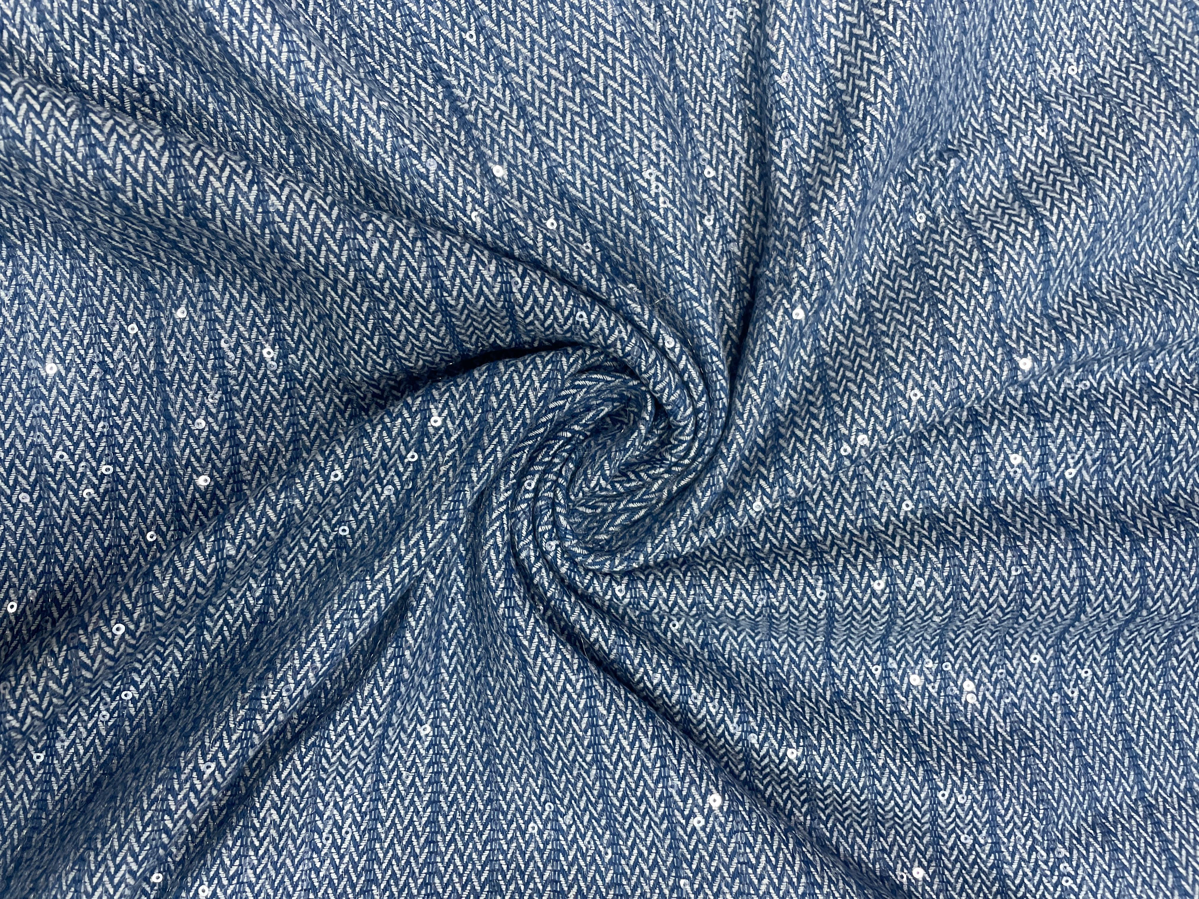 Blue Stripes Denim Embroiderd Fabric