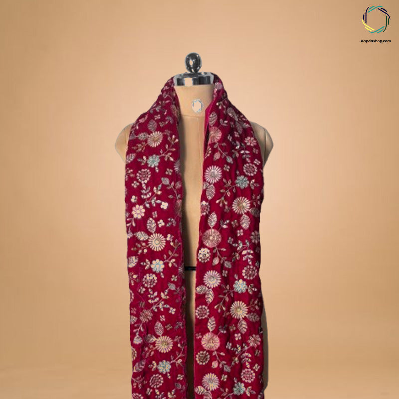 Magenta Floral With Embroiderd Work Velvet Dupatta