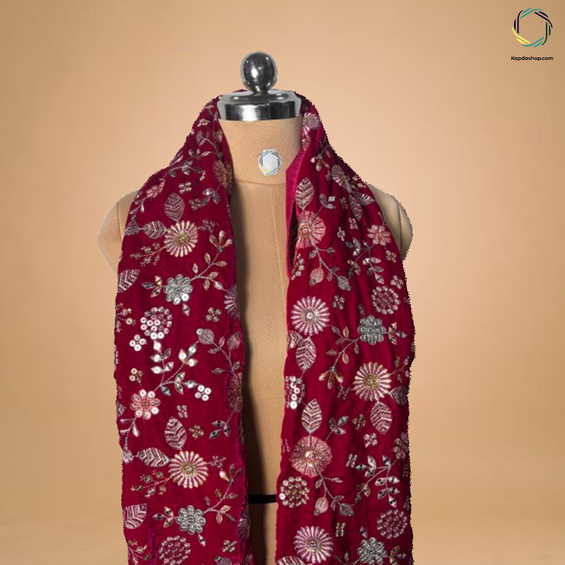 Magenta Floral With Embroiderd Work Velvet Dupatta