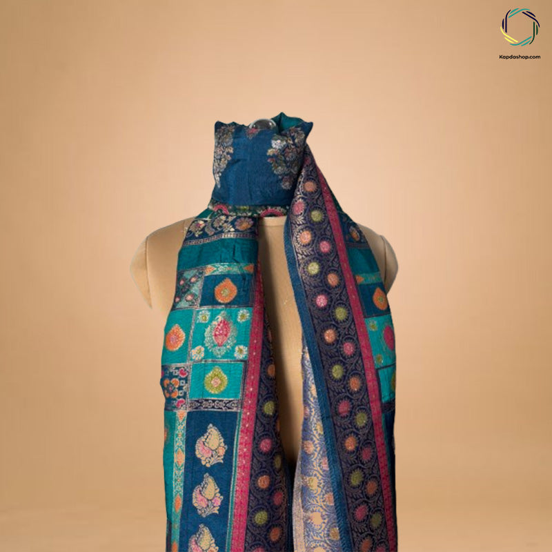 Peacock Blue With Work Jacquard Dupatta