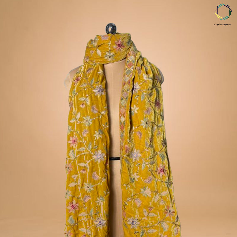 Yellow Floral With Embroidered Work Velvet Dupatta