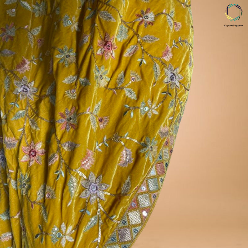 Yellow Floral With Embroidered Work Velvet Dupatta