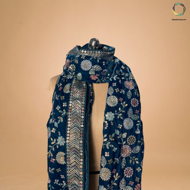 Teal Blue Floral With Embroidered Velvet Dupatta