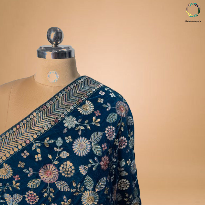 Teal Blue Floral With Embroidered Velvet Dupatta