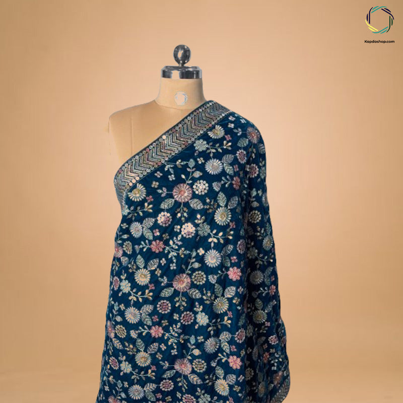 Teal Blue Floral With Embroidered Velvet Dupatta