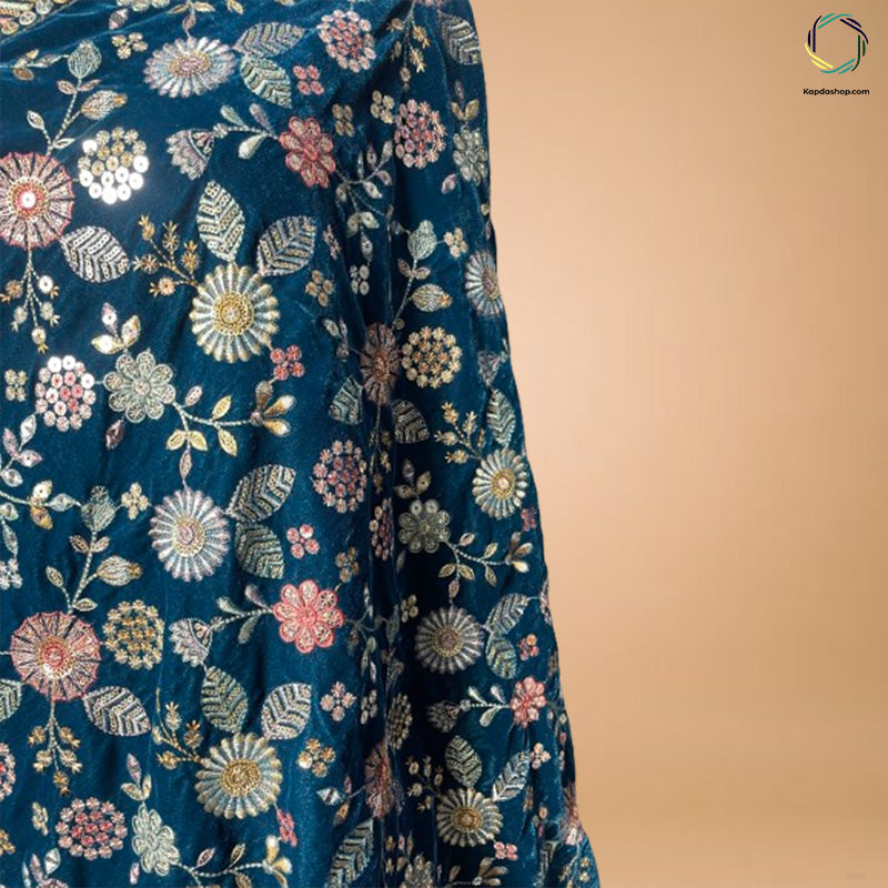 Teal Blue Floral With Embroidered Velvet Dupatta