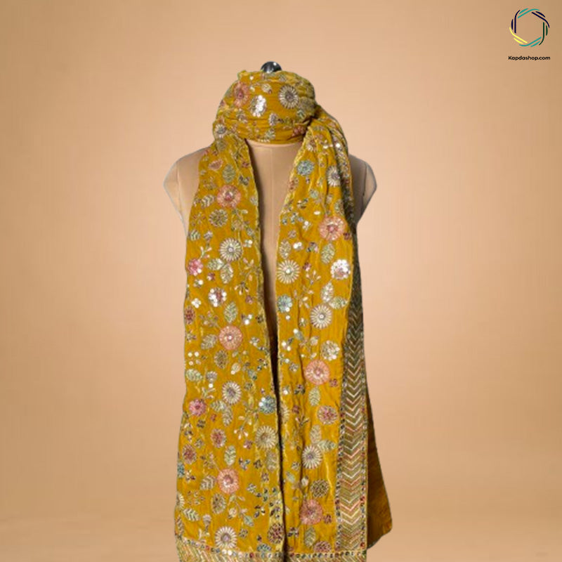 Yellow Floral With Embroidered Work Velvet Dupatta