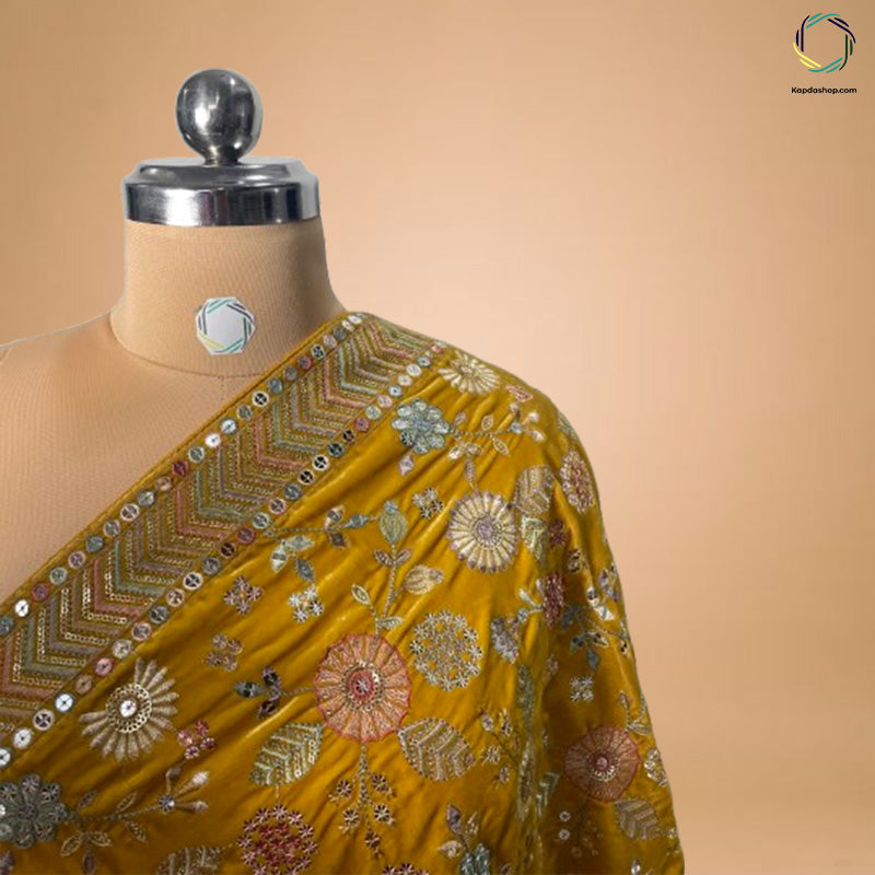 Yellow Floral With Embroidered Work Velvet Dupatta