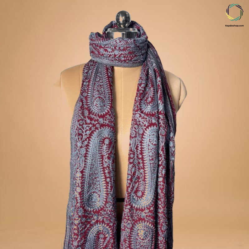 Maroon & Grey Paisley With Aari Work Georgette Dupatta