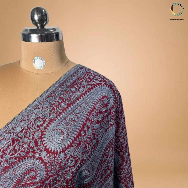 Maroon & Grey Paisley With Aari Work Georgette Dupatta