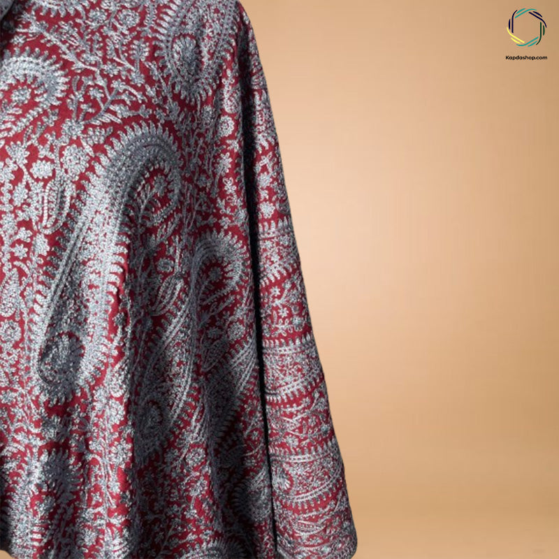 Maroon & Grey Paisley With Aari Work Georgette Dupatta