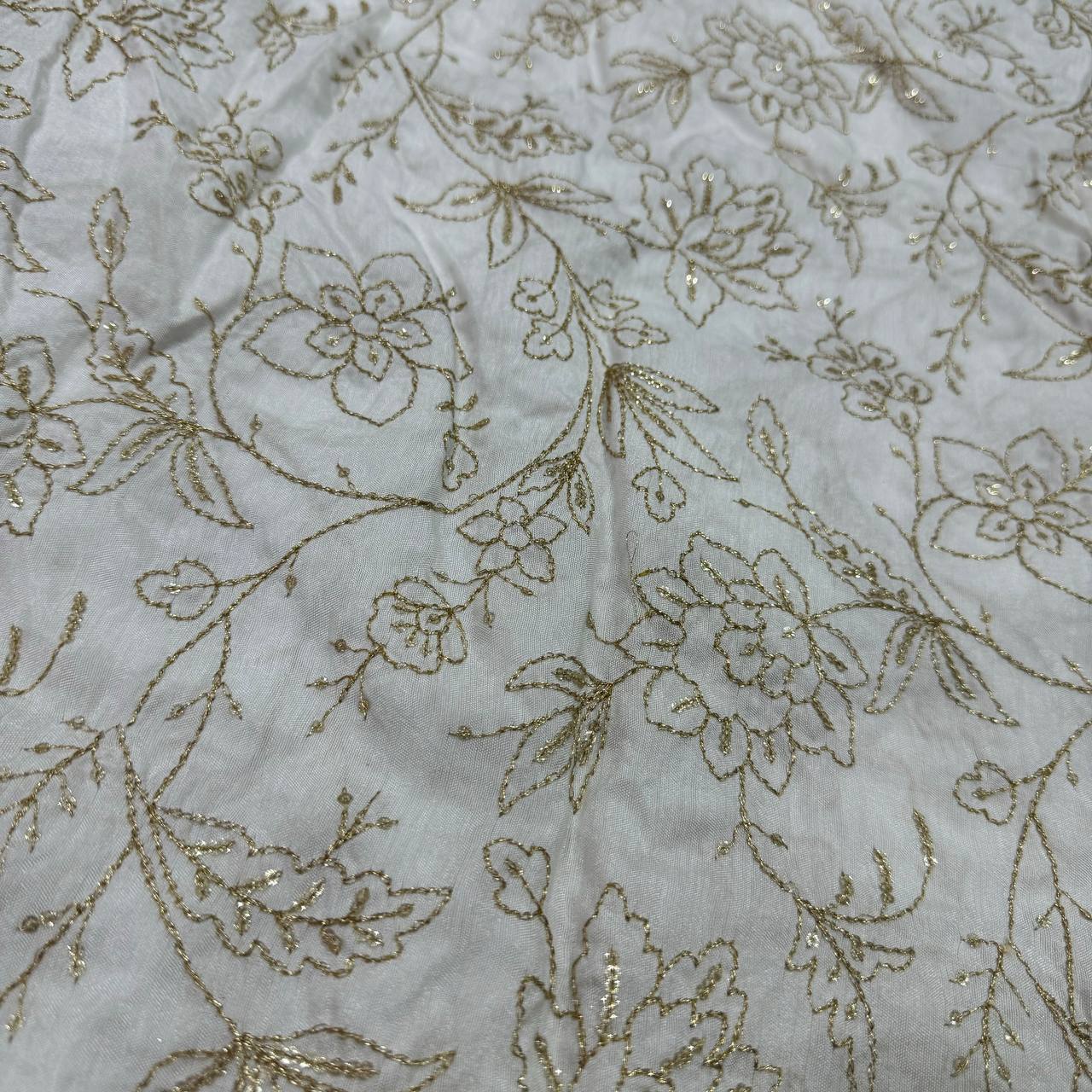 White & Golden Floral Sequins Embroidered  Dyeable Viscose Dola Silk Fabric Jayshree Fabric