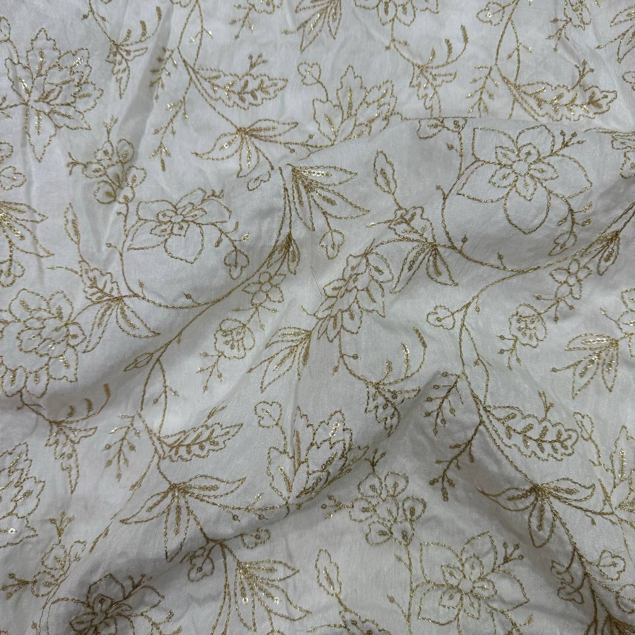 White & Golden Floral Sequins Embroidered  Dyeable Viscose Dola Silk Fabric Jayshree Fabric