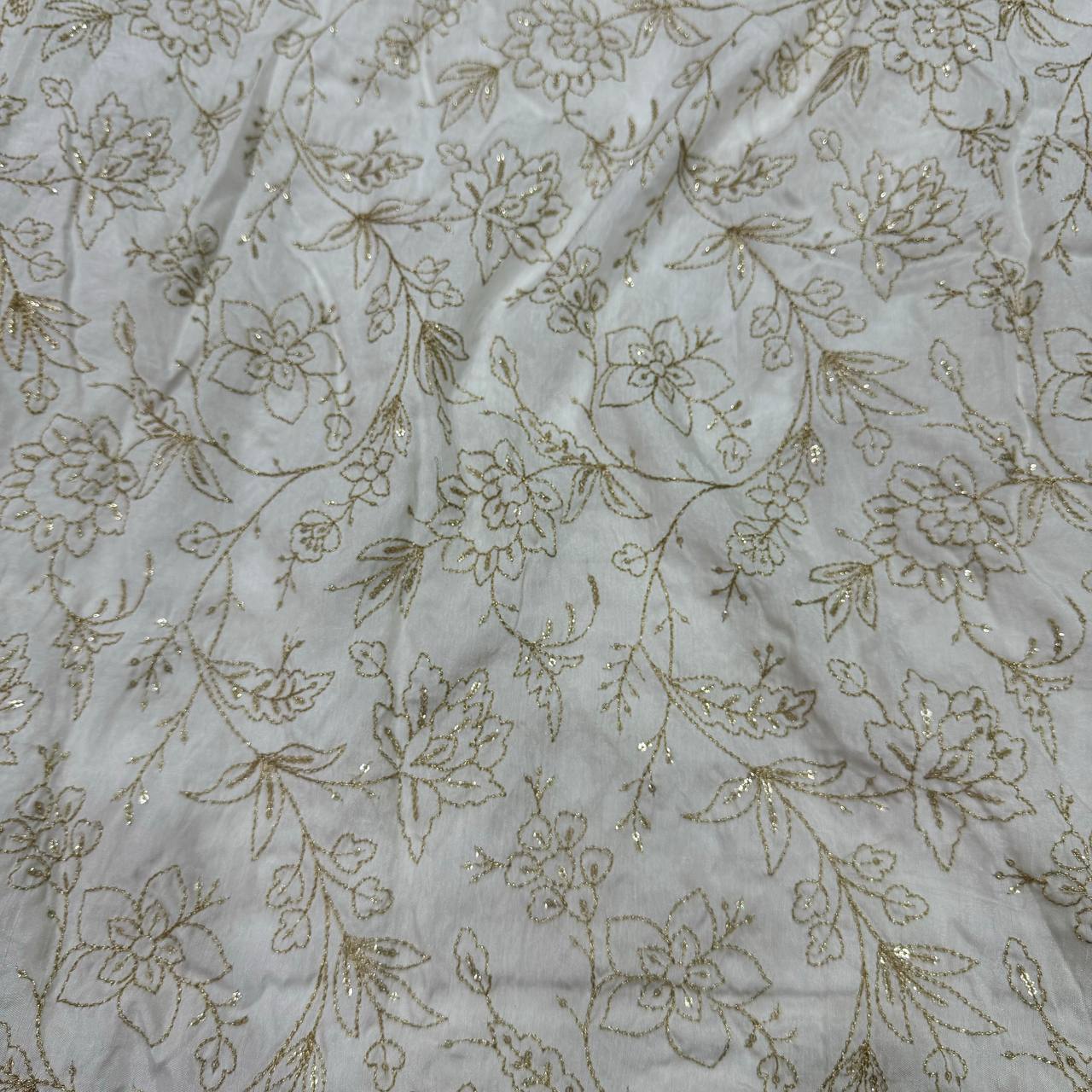 White & Golden Floral Sequins Embroidered  Dyeable Viscose Dola Silk Fabric Jayshree Fabric
