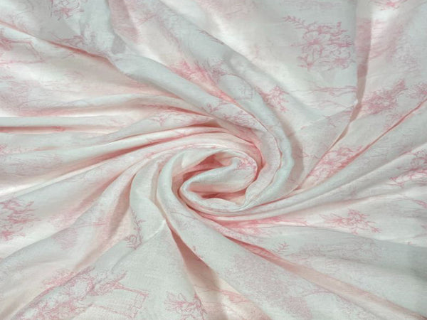 White & Pink Printed Cotton Mul Fabric