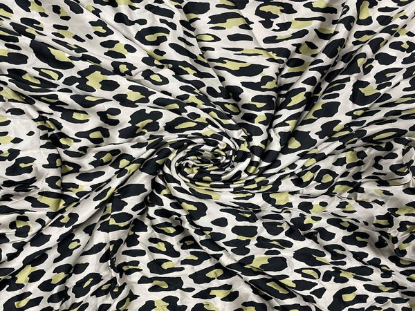White & Black Leopard Print Satin Fabric