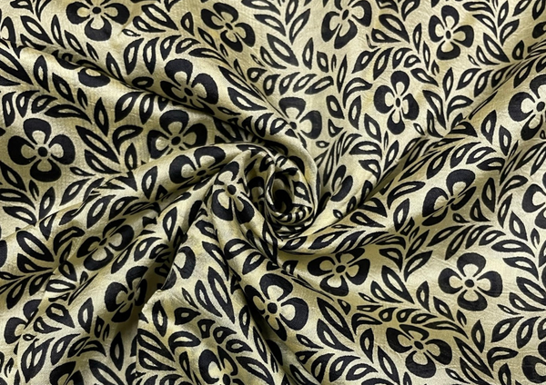 Golden & Black Floral Printed Pure Chanderi Silk Fabric