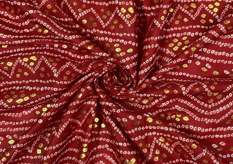 Red Traditional Foil Printed Slub Linen Fabric