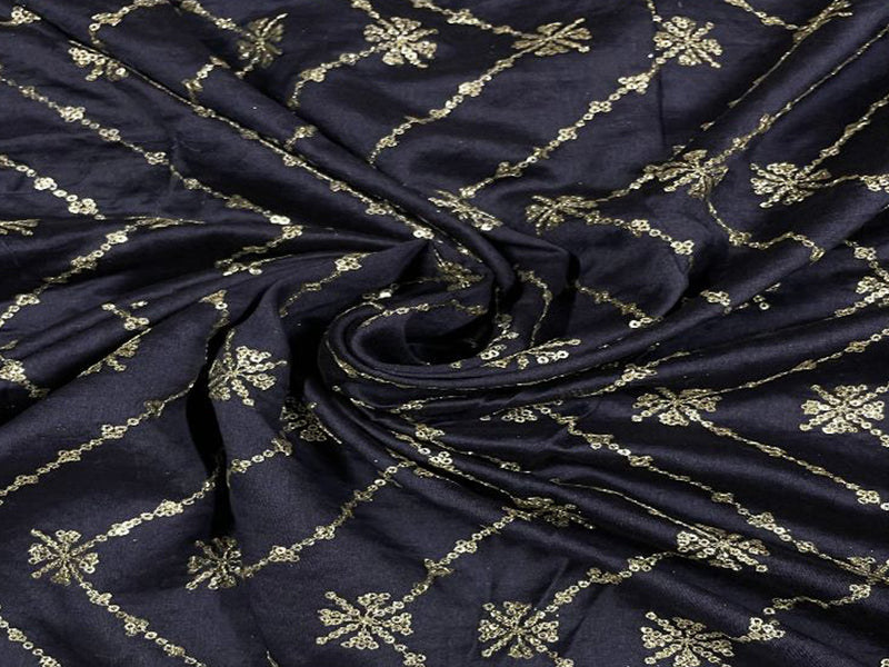 Pure Chanderi Embroidered Silk Navy Blue Chevron