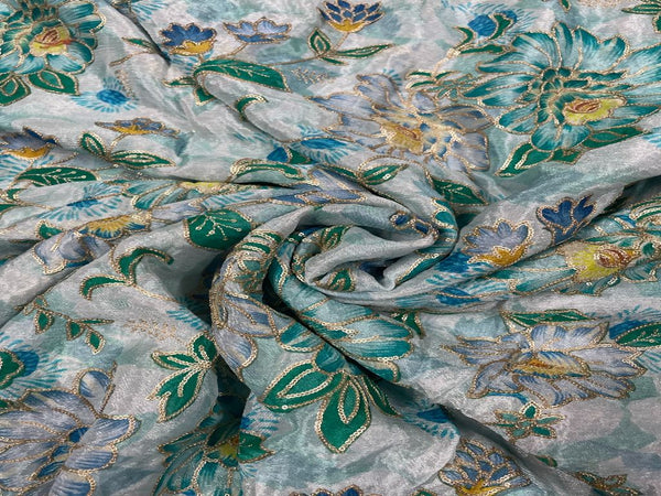 Sea Green Floral Embroidered Chiffon Fabric