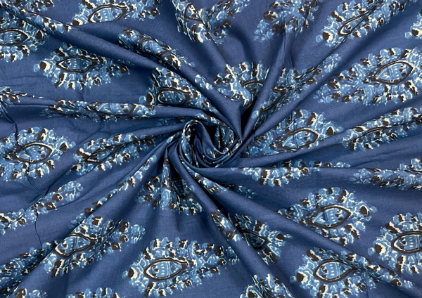 Blue Floral Printed Cotton Cambric Fabric