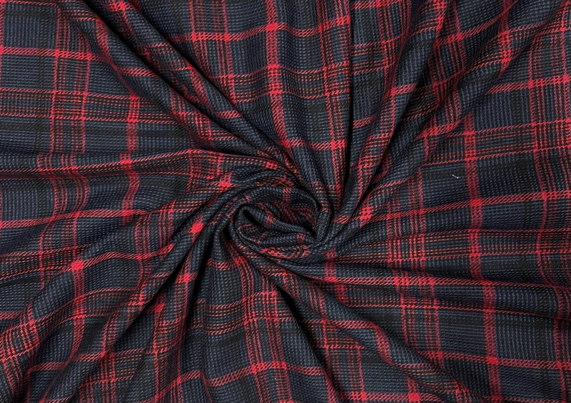 Navy Blue & Red Checks Tweed Fabric