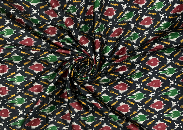 Black Multicolor Abstract Tussar Silk Fabric
